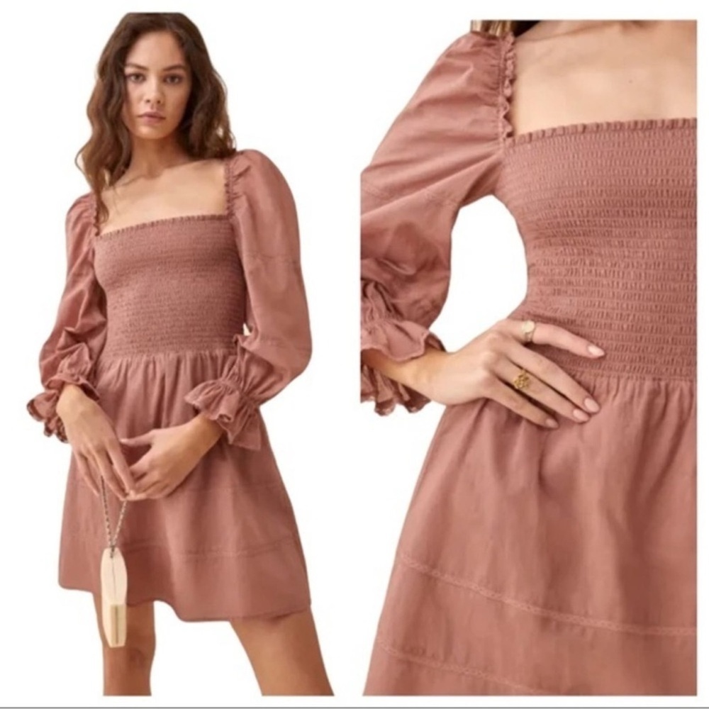 Reformation Dunes Smocked Long Sleeve Mini Dress in Praline Pink NWT